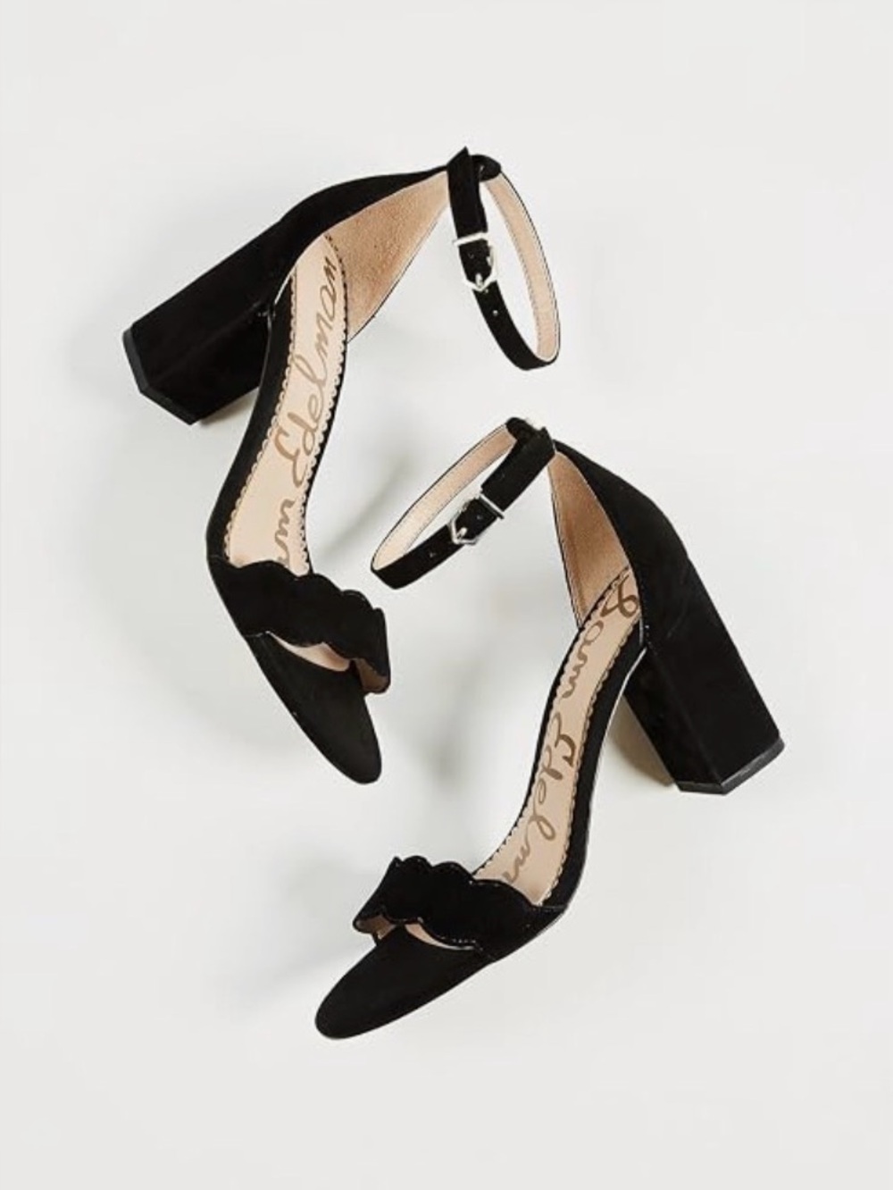 Sam Edelman Black Suede Scalloped Ankle Strap Block Heel Sandals Size 6.5